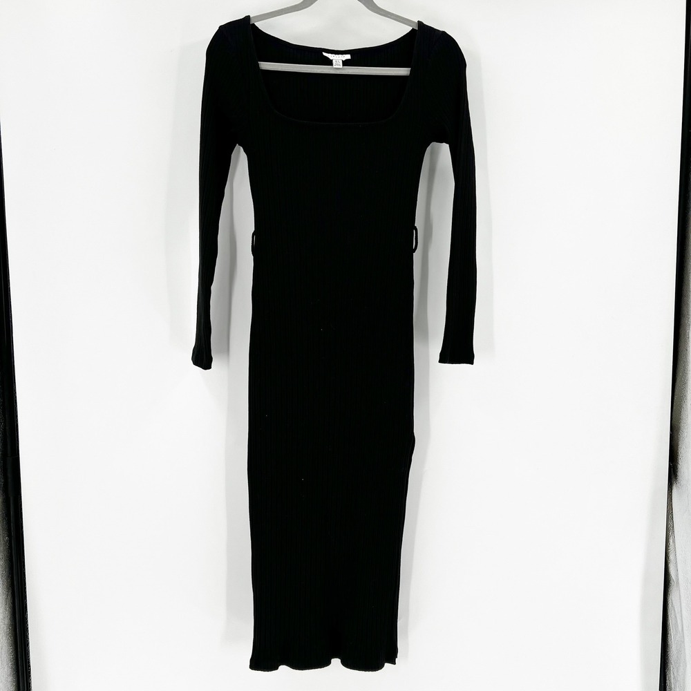 Topshop Ribbed Midi Dress Womens US 2 Black Excellent Square‎ Neck Long Sleeve
